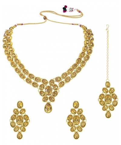 Faux Stone Studded Necklace Earrings Set Indian Traditional Wedding Jewelry For Women Girls Gold $12.52 Jewelry Sets