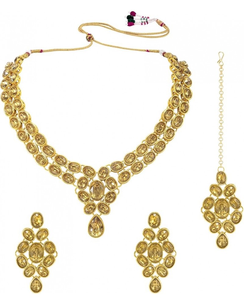 Faux Stone Studded Necklace Earrings Set Indian Traditional Wedding Jewelry For Women Girls Gold $12.52 Jewelry Sets