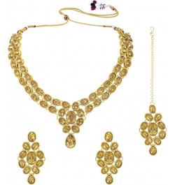 Faux Stone Studded Necklace Earrings Set Indian Traditional Wedding Jewelry For Women Girls Gold $12.52 Jewelry Sets