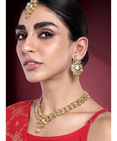 Faux Stone Studded Necklace Earrings Set Indian Traditional Wedding Jewelry For Women Girls Gold $12.52 Jewelry Sets