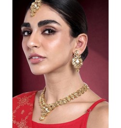 Faux Stone Studded Necklace Earrings Set Indian Traditional Wedding Jewelry For Women Girls Gold $12.52 Jewelry Sets