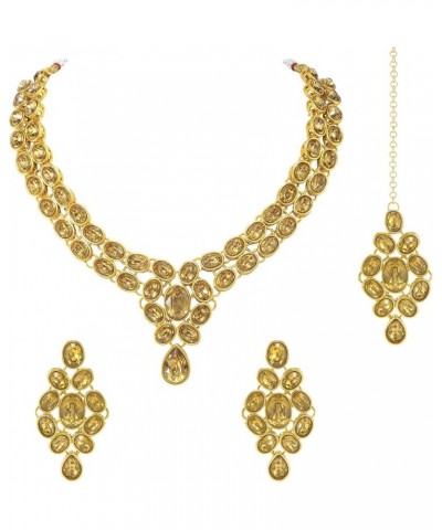 Faux Stone Studded Necklace Earrings Set Indian Traditional Wedding Jewelry For Women Girls Gold $12.52 Jewelry Sets