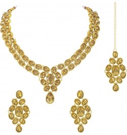 Faux Stone Studded Necklace Earrings Set Indian Traditional Wedding Jewelry For Women Girls Gold $12.52 Jewelry Sets