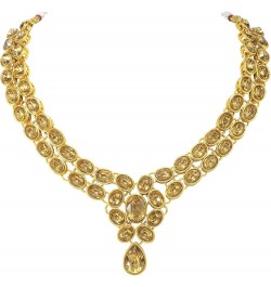 Faux Stone Studded Necklace Earrings Set Indian Traditional Wedding Jewelry For Women Girls Gold $12.52 Jewelry Sets