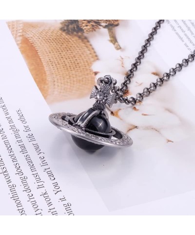 Saturn Necklace for Women Sky Star Saturn Planet Pendant Single Layered Necklaces for Women Obsidian Pendant $9.24 Necklaces