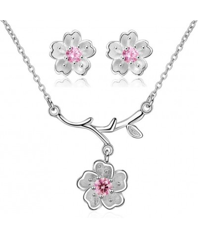 Pink Purple Crystal Stone Flower Earrings and Necklace Jewelry Set for Bridal Women White Gold Plated DT340 Pink $8.70 Jewelr...