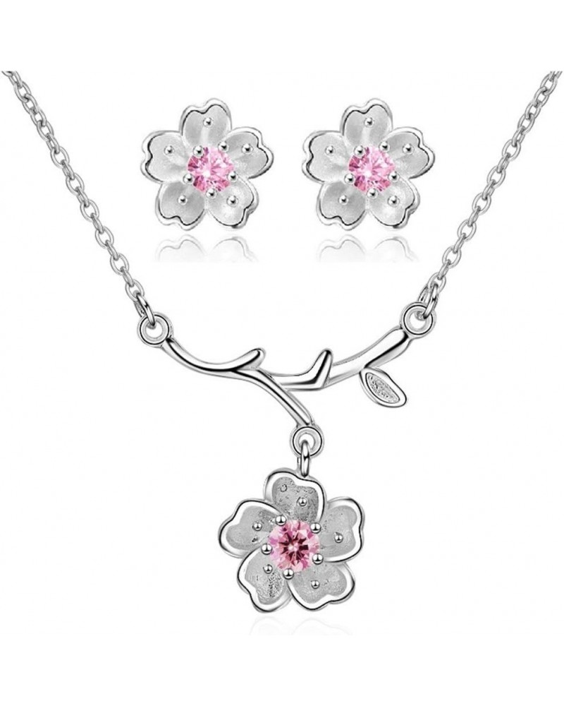 Pink Purple Crystal Stone Flower Earrings and Necklace Jewelry Set for Bridal Women White Gold Plated DT340 Pink $8.70 Jewelr...