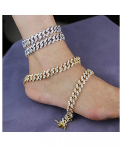 Cuban Link Iced Out Rhinestone Filled Chain Anklet, 18K Gold/White Gold Plated Punk Hip-hop Ankle Bracelets for Women 12mm-go...