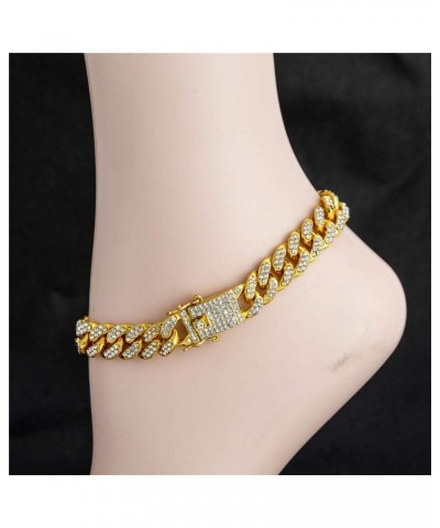 Cuban Link Iced Out Rhinestone Filled Chain Anklet, 18K Gold/White Gold Plated Punk Hip-hop Ankle Bracelets for Women 12mm-go...