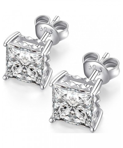 Rhodium Plated 925 Sterling Silver Round Brilliant Cut & Princess Cut Cubic Zirconia Stud Earrings for Women Men Hypoallergen...