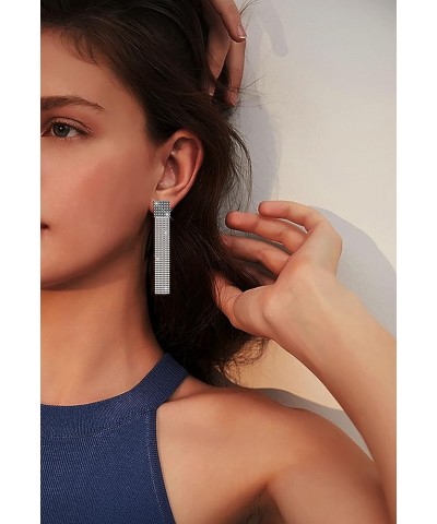 S925 Silver/Alloy Hook Sleek Chain Tassel Drop Earrings Long Crystal Fringe Dangle Simple Dainty Earrings Tassel Earrings Squ...