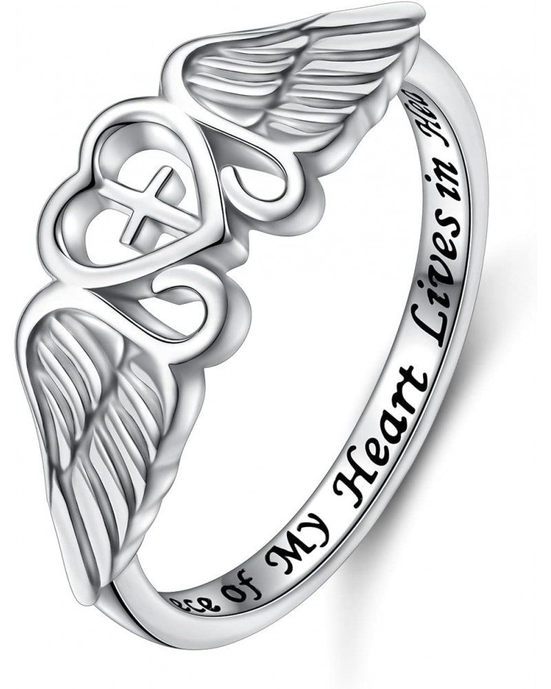 S925 Sterling Silver A Piece of My Heart Lives in Heaven Angel Wing Ring for Women Jewelry Memory of Mom Dad Grandma Grandpa ...