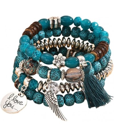 Women's Multi-layer Bracelet Turquoise Beads Leaf Shape Tassel Pendant Stretchy Bracelets Ladies Girls Hand Jewelry Dark gree...