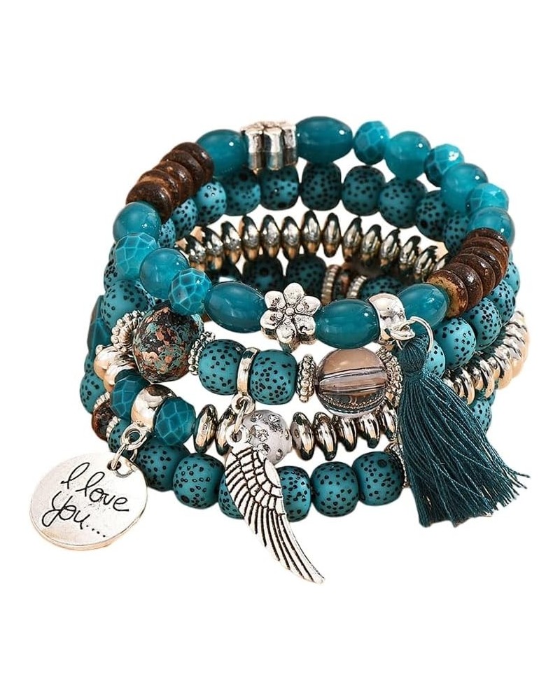 Women's Multi-layer Bracelet Turquoise Beads Leaf Shape Tassel Pendant Stretchy Bracelets Ladies Girls Hand Jewelry Dark gree...