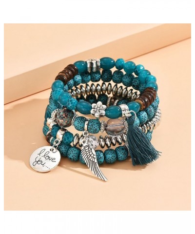 Women's Multi-layer Bracelet Turquoise Beads Leaf Shape Tassel Pendant Stretchy Bracelets Ladies Girls Hand Jewelry Dark gree...