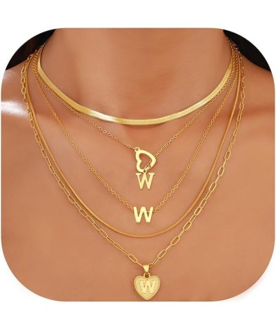 5 Pcs Gold Initial Necklaces for Women Girls, 14K Gold Plated Letter Heart Pendant Necklaces, Dainty Flat Snake Chain Layerin...