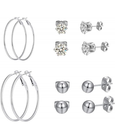 6 Pairs Stainless Steel Stud and Hoop Earrings Set for Women Lightweight Huggie Hoops Hypoallergenic Cubic Zirconia Stud Earr...