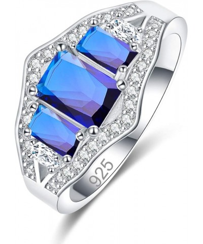 Silver Plated 3-Stone Emerald Cut Created Rainbow Topaz Blue Sapphire Cubic Zirconia Filled Halo Wedding Engagement Band Eleg...