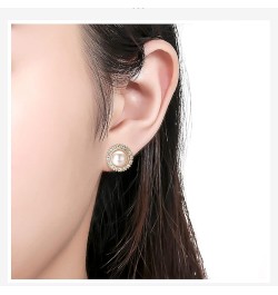 Pearl Earrings for Women Round Faux Ivory Pearl Clip On Earring 18K Gold Plated Non Pierced Earrings Cluster CZ Pearl Clips o...