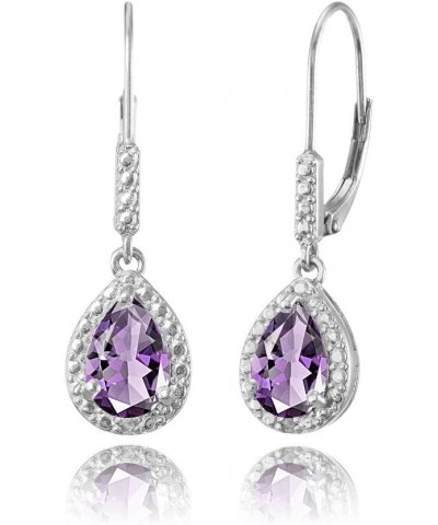 Sterling Silver Genuine, Created or Simulated Gemstone Leverback Teardrop Dangle Earrings for Women Bridesmaids Amethyst - Si...