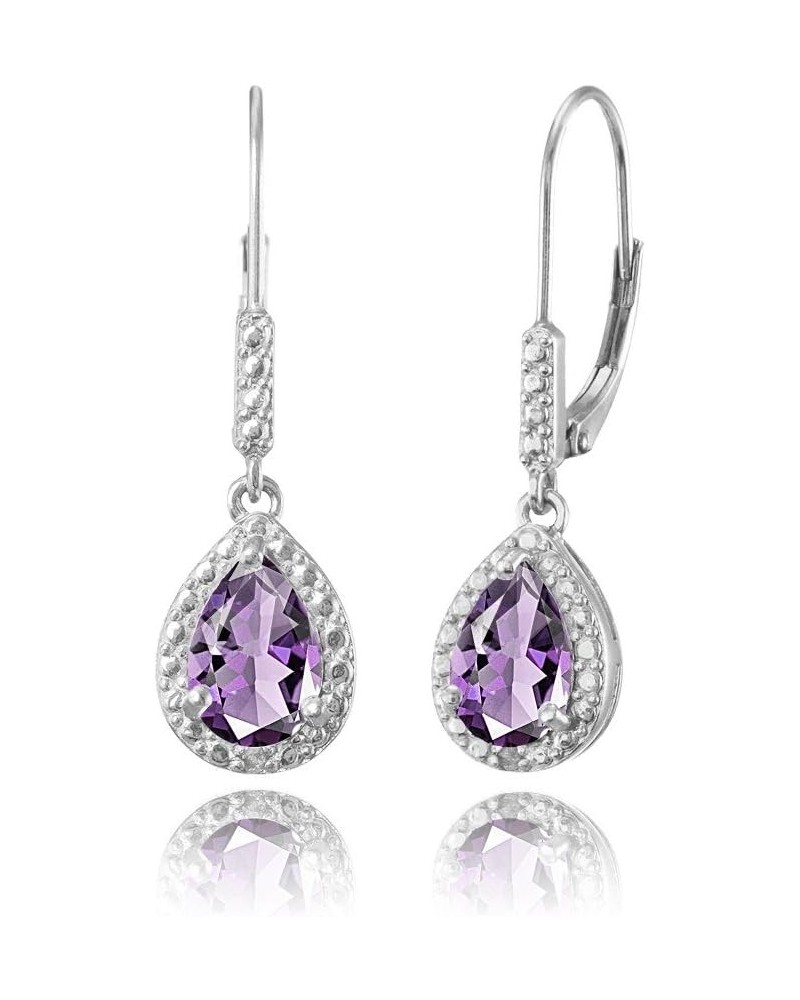 Sterling Silver Genuine, Created or Simulated Gemstone Leverback Teardrop Dangle Earrings for Women Bridesmaids Amethyst - Si...