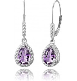 Sterling Silver Genuine, Created or Simulated Gemstone Leverback Teardrop Dangle Earrings for Women Bridesmaids Amethyst - Si...