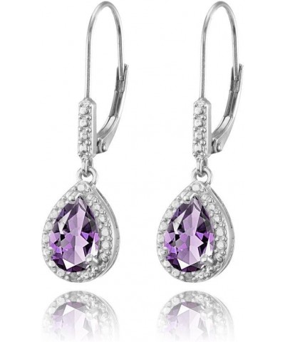 Sterling Silver Genuine, Created or Simulated Gemstone Leverback Teardrop Dangle Earrings for Women Bridesmaids Amethyst - Si...