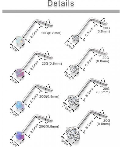 22G 20G 18G G23 Titanium Nose Ring Studs Hypoallergenic L Shaped Nose Studs Multicolored Opal Nose Stud Silver Nostril Pierci...