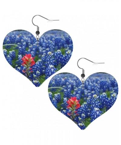 Bluebonnets Flower Women Leather Earrings Heart-Shape Dangle Drop Earring $10.15 Earrings