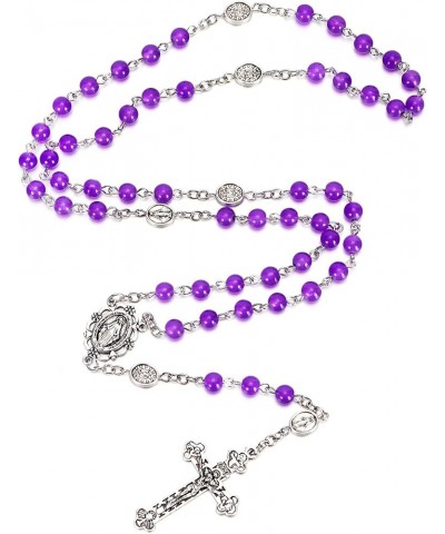 Catholic Beads Rosary Necklace Medal Cross Crucifix Silver Tone Rosaries for Women Purple $9.17 Necklaces