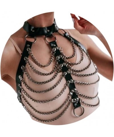 Punk Layered Body Chain Black Leather Bra Caged Harness Choker Bra Chains Gothic Black $11.19 Body Jewelry