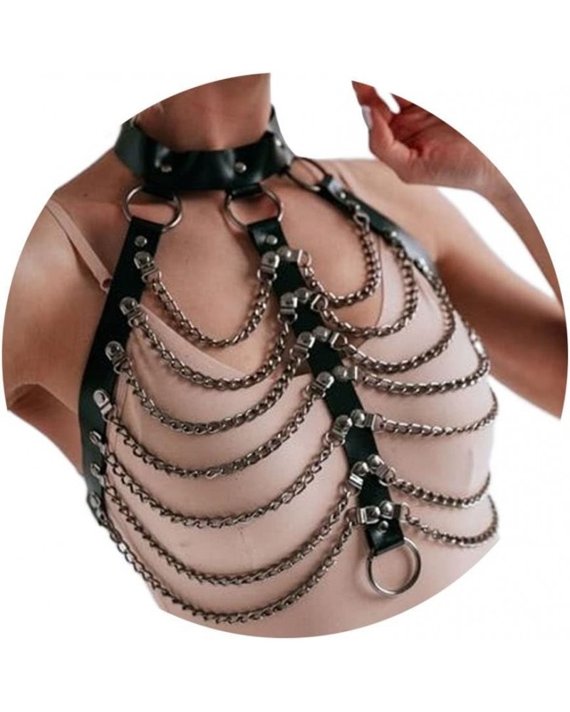 Punk Layered Body Chain Black Leather Bra Caged Harness Choker Bra Chains Gothic Black $11.19 Body Jewelry