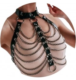 Punk Layered Body Chain Black Leather Bra Caged Harness Choker Bra Chains Gothic Black $11.19 Body Jewelry