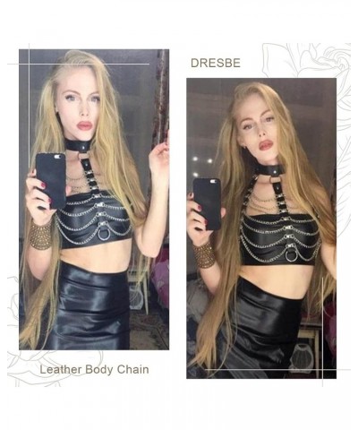 Punk Layered Body Chain Black Leather Bra Caged Harness Choker Bra Chains Gothic Black $11.19 Body Jewelry