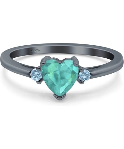 Art Deco Heart Three Stone Wedding Bridal Ring Round Aquamarine Simulated Cubic Zirconia 925 Sterling Silver Black Tone, Simu...