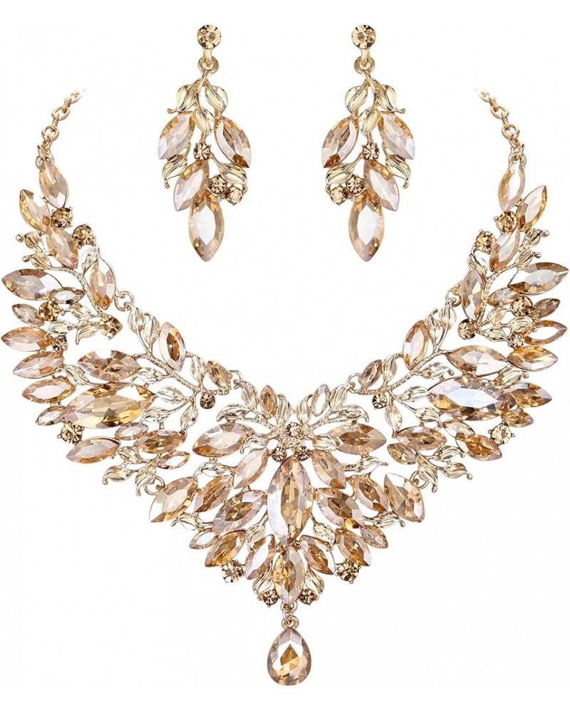 Wedding Bridal Crystal Rhinestones Marquise Cluster Statement Necklace Dangle Earrings Jewelry Set for Women Champagne Gold-T...