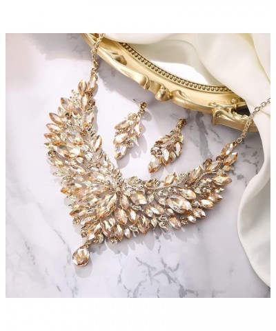 Wedding Bridal Crystal Rhinestones Marquise Cluster Statement Necklace Dangle Earrings Jewelry Set for Women Champagne Gold-T...