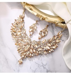 Wedding Bridal Crystal Rhinestones Marquise Cluster Statement Necklace Dangle Earrings Jewelry Set for Women Champagne Gold-T...