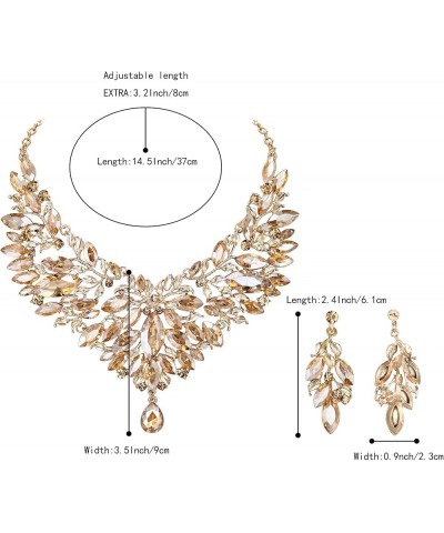 Wedding Bridal Crystal Rhinestones Marquise Cluster Statement Necklace Dangle Earrings Jewelry Set for Women Champagne Gold-T...