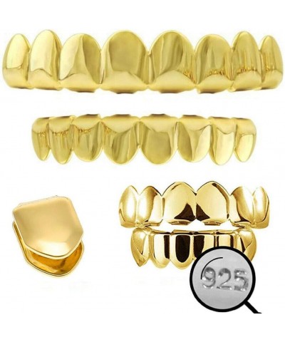 Solid 925 Sterling Silver Grillz - 14K Yellow Gold Finish - 6 Or 8 Tooth Or Single Caps/Top & Bottom Grills For Teeth - Real ...