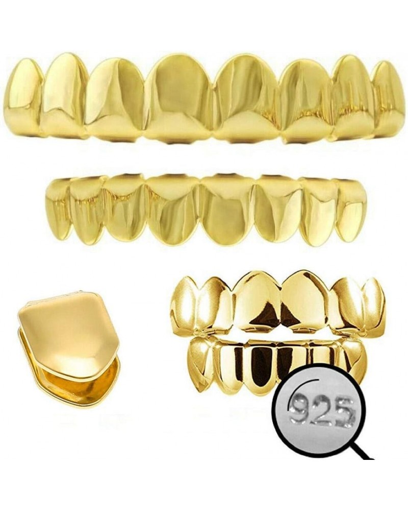 Solid 925 Sterling Silver Grillz - 14K Yellow Gold Finish - 6 Or 8 Tooth Or Single Caps/Top & Bottom Grills For Teeth - Real ...