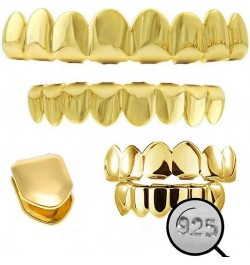 Solid 925 Sterling Silver Grillz - 14K Yellow Gold Finish - 6 Or 8 Tooth Or Single Caps/Top & Bottom Grills For Teeth - Real ...