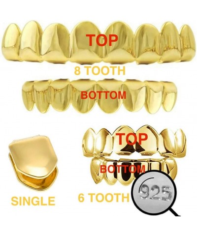 Solid 925 Sterling Silver Grillz - 14K Yellow Gold Finish - 6 Or 8 Tooth Or Single Caps/Top & Bottom Grills For Teeth - Real ...