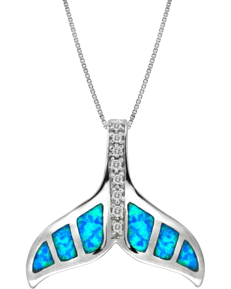 Sterling Silver Whale Tail CZ Accented Necklace Pendant with Simulated Blue Opal and 18" Box Chain $15.14 Necklaces