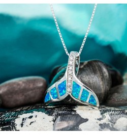 Sterling Silver Whale Tail CZ Accented Necklace Pendant with Simulated Blue Opal and 18" Box Chain $15.14 Necklaces