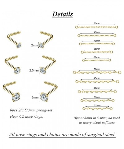 20G Nose Rings 2mm 2.5mm 3mm CZ Nose Studs with Chain Surgical Steel Nose Piercing Jewelry Nose Ring Studs Gold, Nose Studs, ...