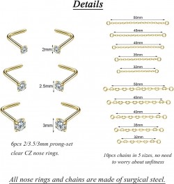 20G Nose Rings 2mm 2.5mm 3mm CZ Nose Studs with Chain Surgical Steel Nose Piercing Jewelry Nose Ring Studs Gold, Nose Studs, ...