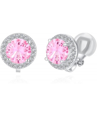 8MM Cubic Zirconia Crystal Clip On Stud Earrings Round Non Pierced Earrings For Women Girls Pink $7.94 Earrings