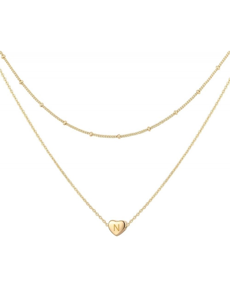 Layered Heart Initial Necklace for Women 18K Gold Plated Stainless Steel Beaded Chain Choker Necklace Personalized Tiny Lette...