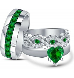 14K White Gold Over Heart & Round Cut Green Emerald & Diamond 925 Sterling Silver Diamond Wedding Engagement Trio Ring Set fo...